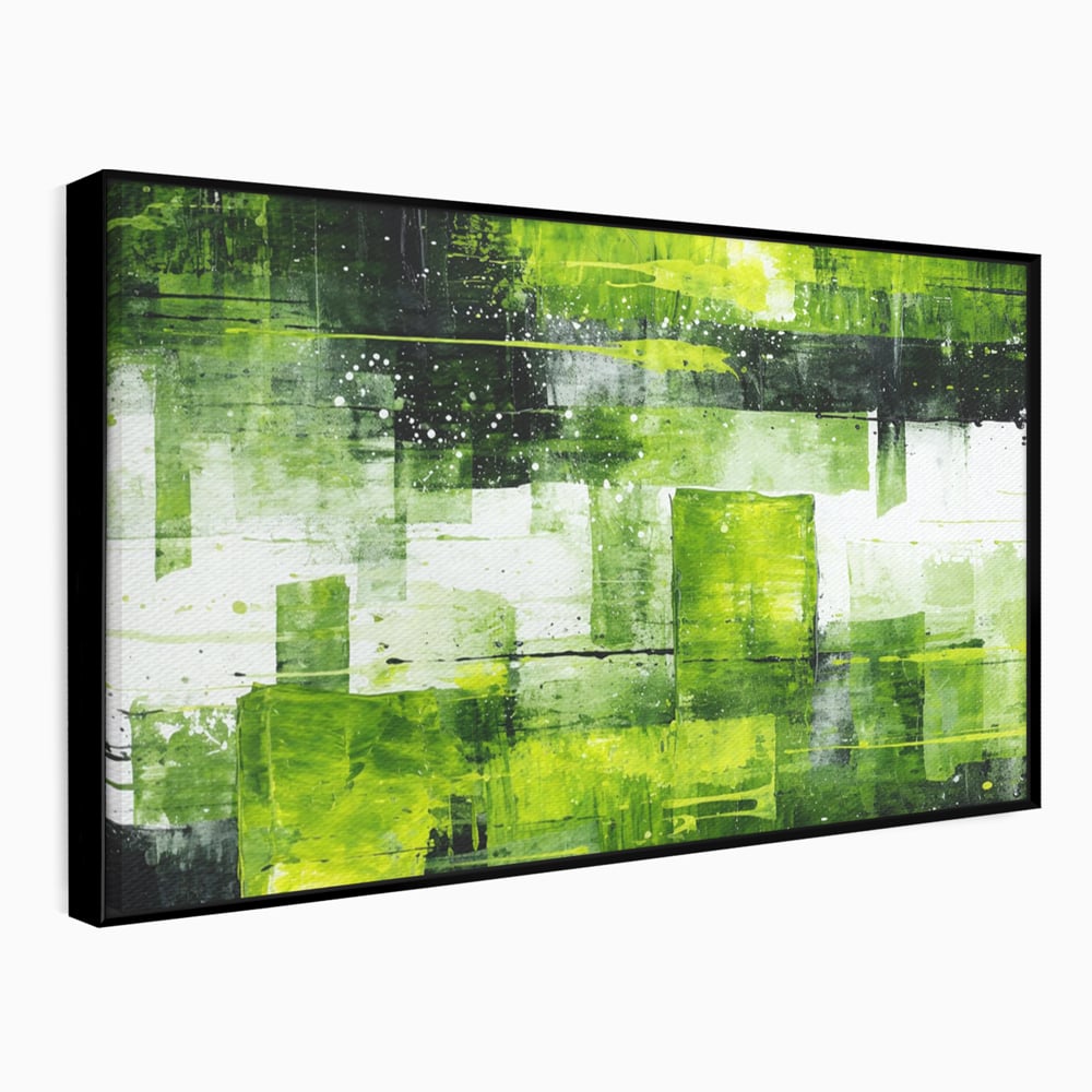 Tablou canvas cu pictura abstracta cu straturi verzi, in rama de aluminiu negru